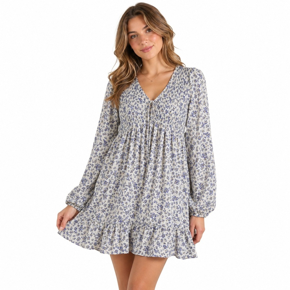 &merci Smocked Floral Mini Dress Blue Cream Boho Ruffle Long Sleeve Size S